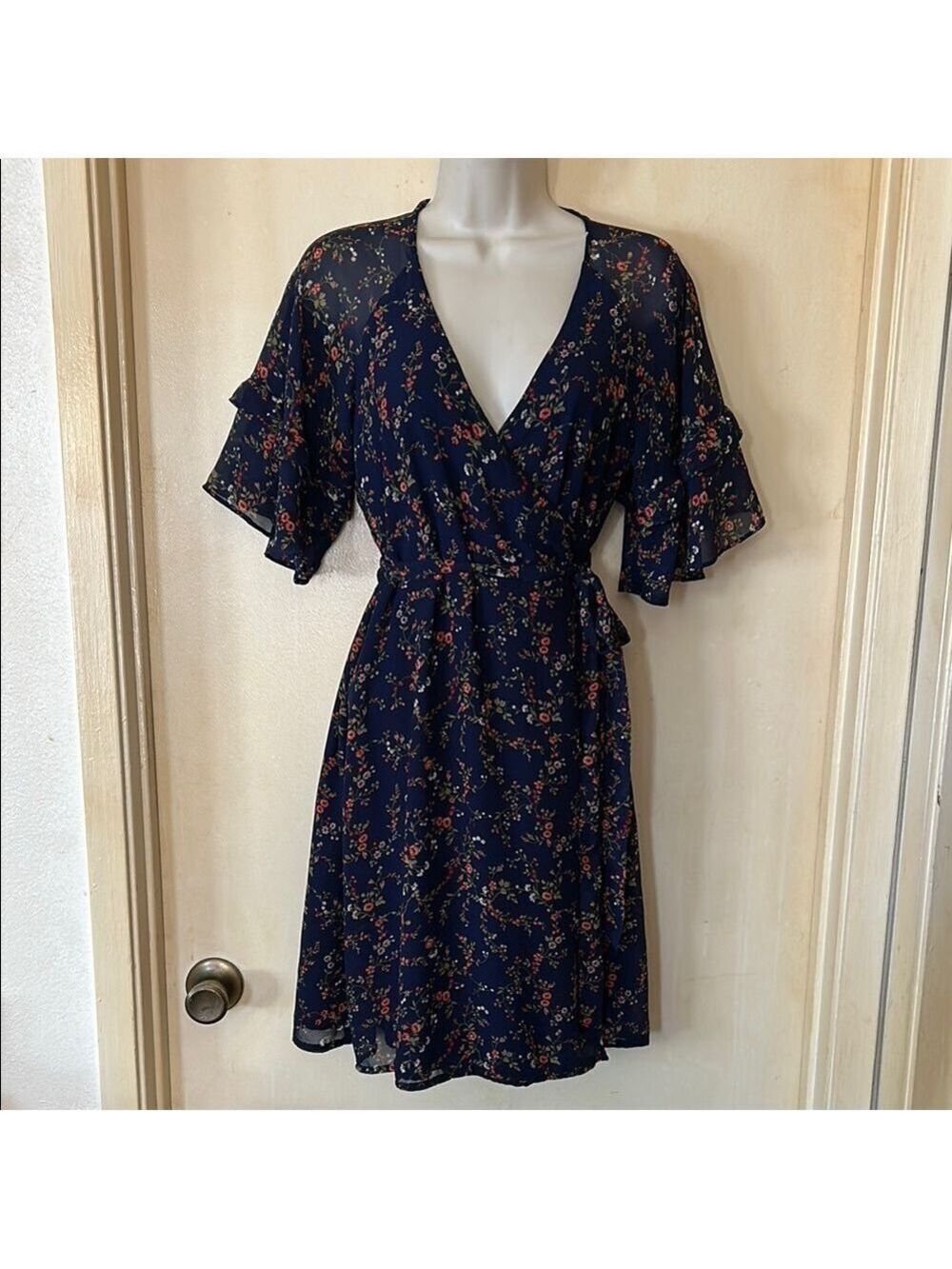 Madewell Blue and Pink V-Neck Mini Wrap Dress